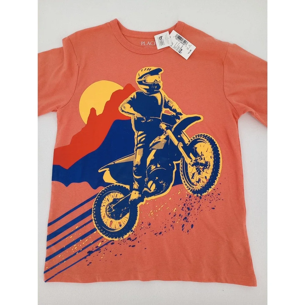 The Children's Place Graphic Tee Boys Size M 7/8 Orange Motocross Dirt Bike NWT